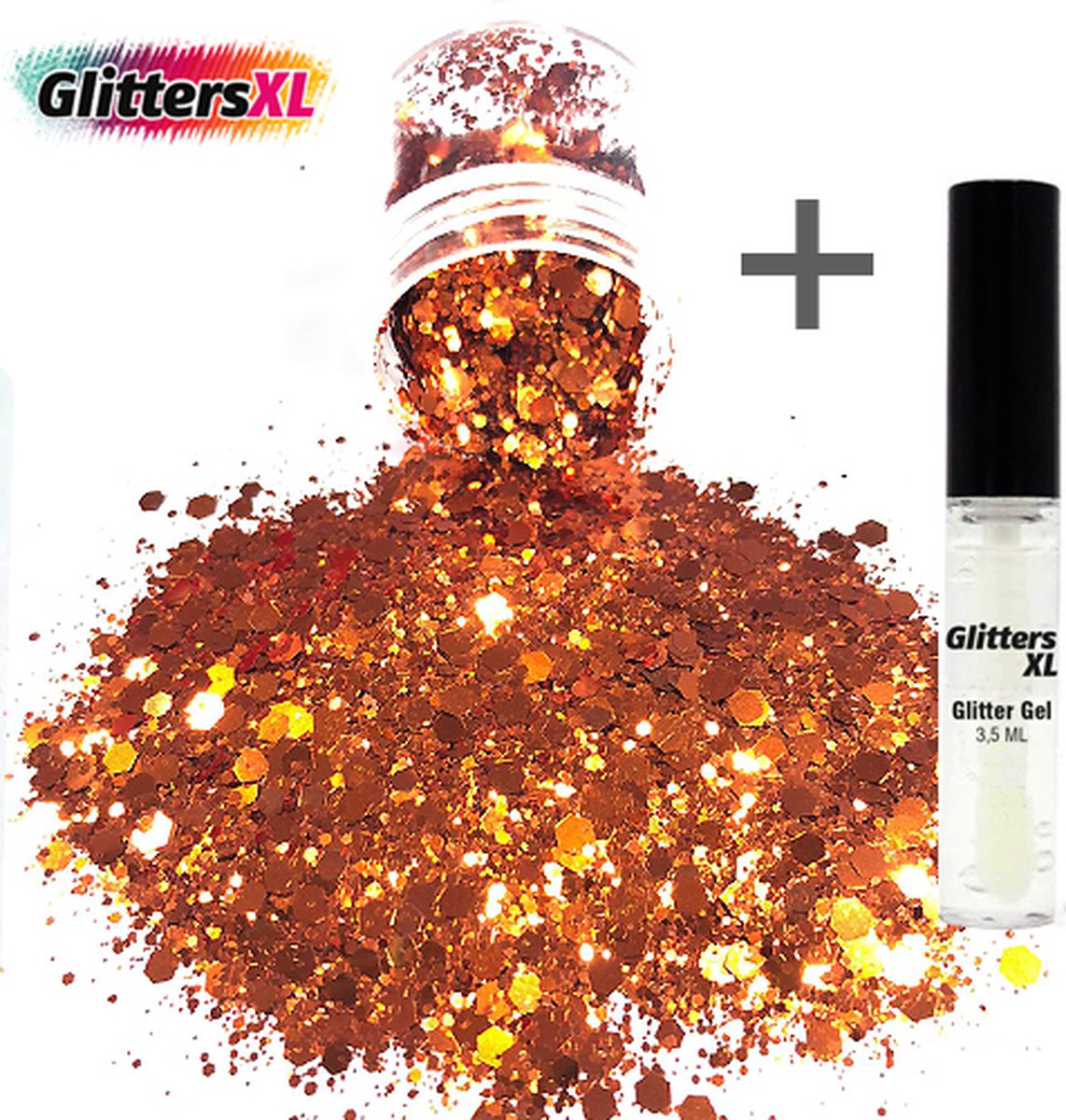 GlittersXL - Chunky Glitters (Oranje) (Volume 8g) + Glitter Huid Lijm [Festival Makeup Gezicht Lichaam - Face Body Glitter - Biologisch afbreekbaar - Versiering Dames Volwassen Kinderen]